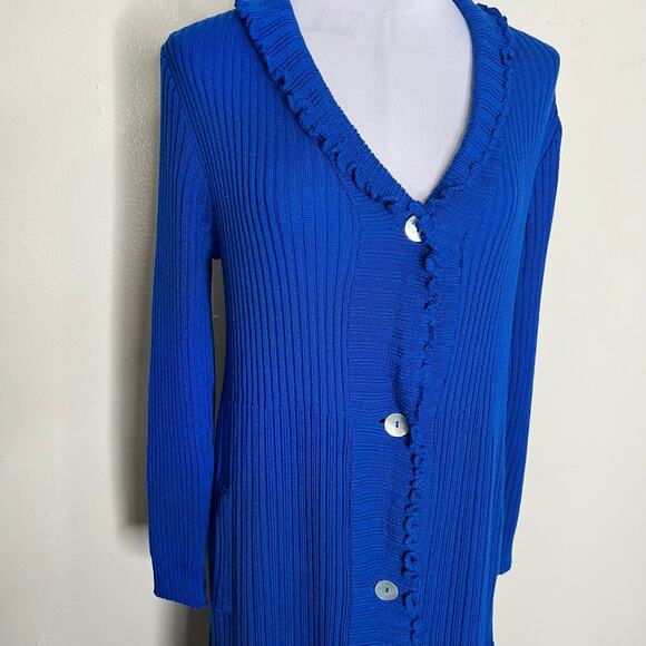 Maria Scotto Wool Blend Robe Sweater Dress MED Blue Midi Rib Knit Lettuce Trim - Picture 4 of 10